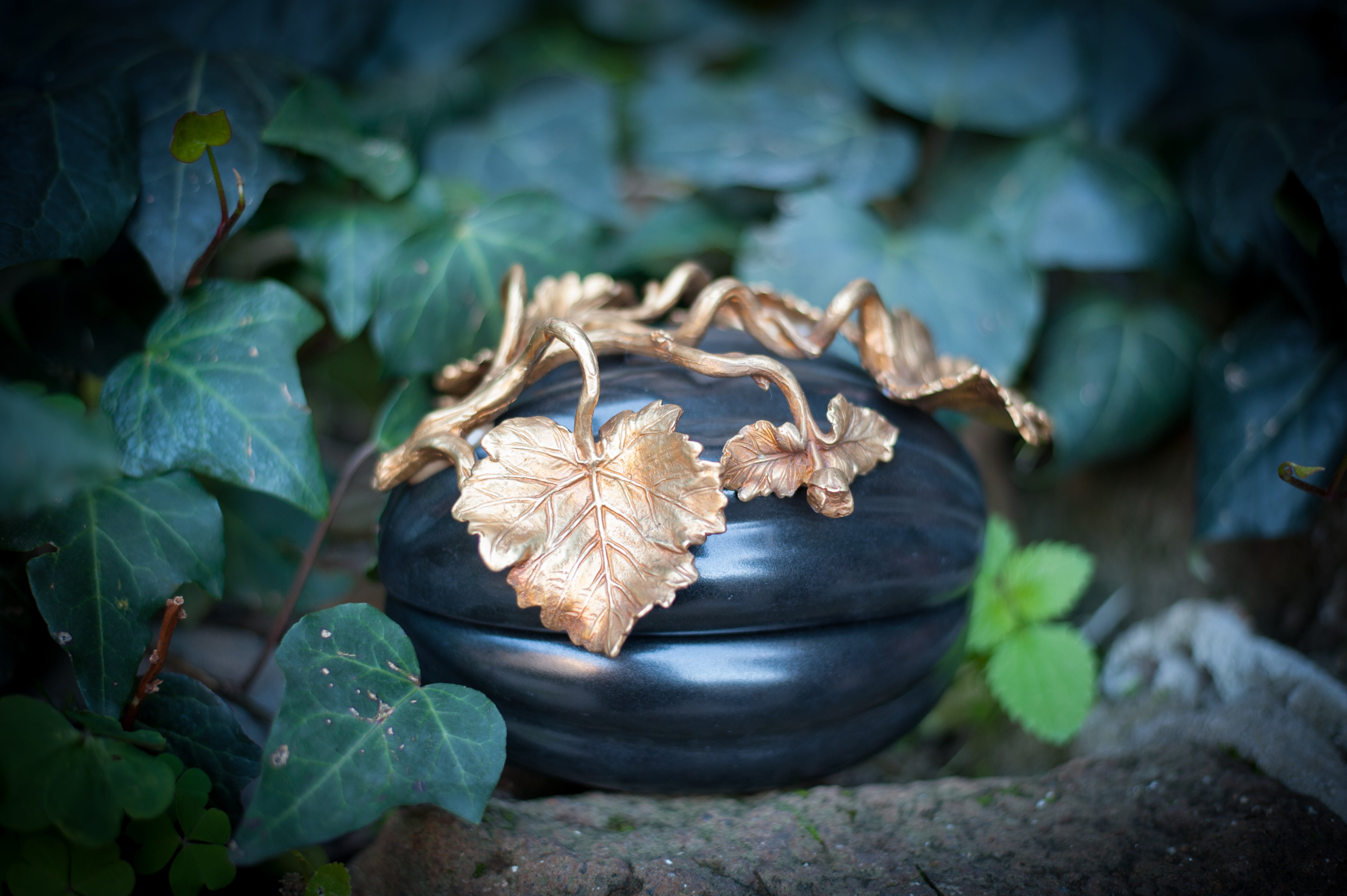 Pumpkin Box - Black Porcelain with Brass