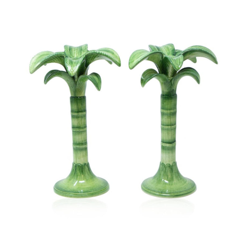 Set-of-Two Green Palm Candle Holders