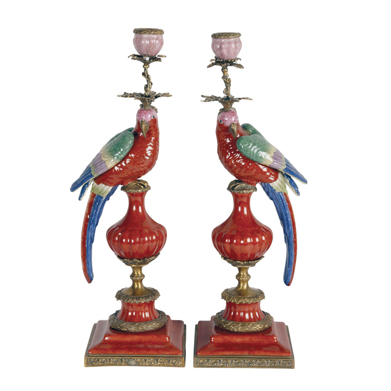 2 Red Parrots Candle Holders